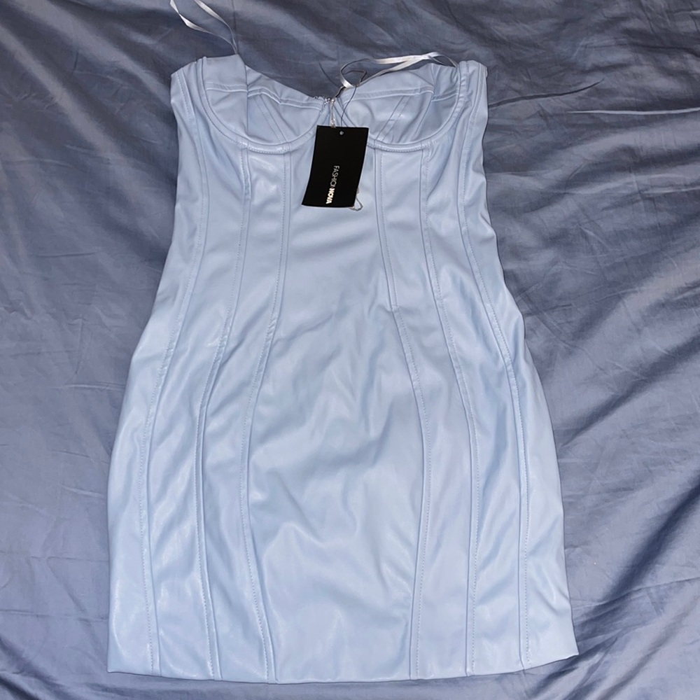 Leather mini sky blue dress